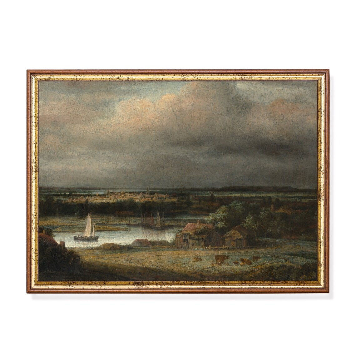 River Panorama with Sailboats and Cottages Antique Dutch Poster