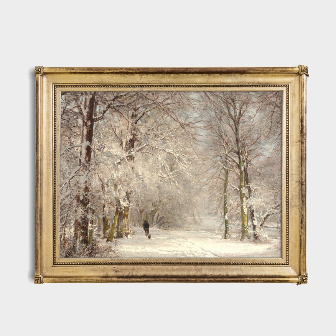 Solitary Walker with a Dog on a Snowy Forest Path Winter Poster - Image 2