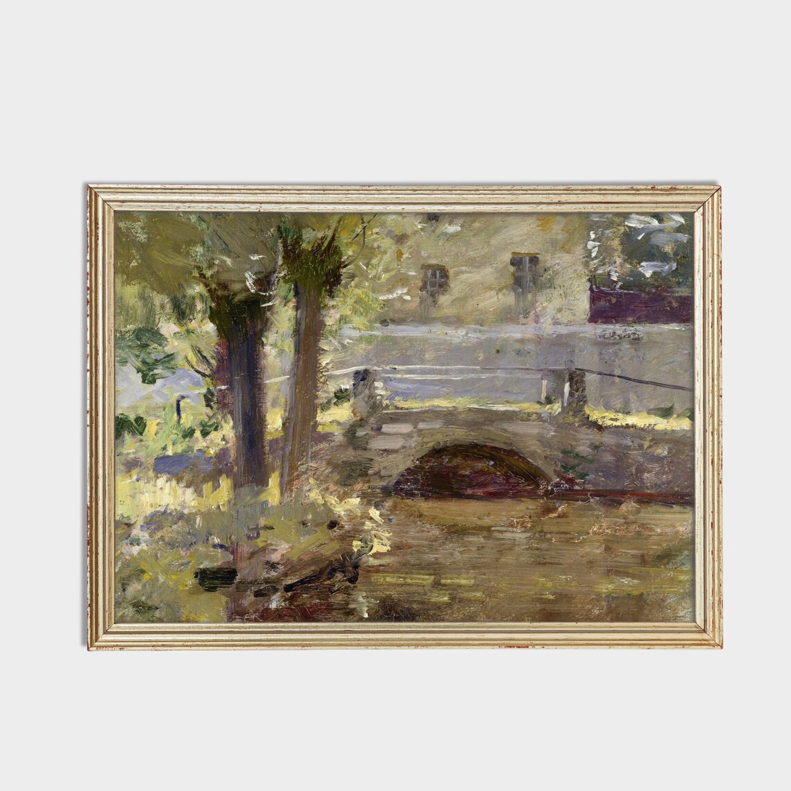 Stone Bridge Over River Beside Village Vintage Landscape Poster - Image 2