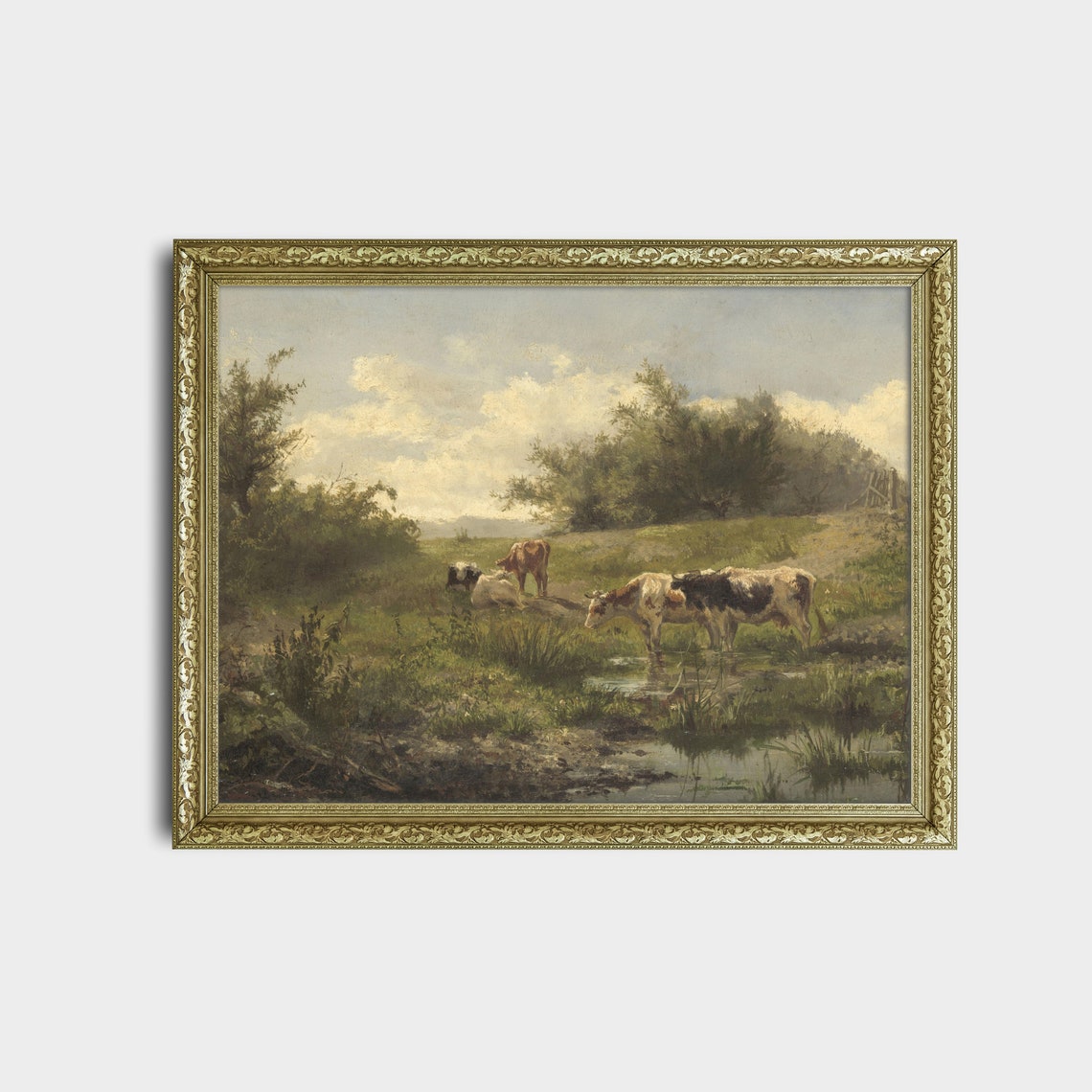 Cows Drinking from a Pond in a Sunny Meadow Vintage Oil Poster - Image 2