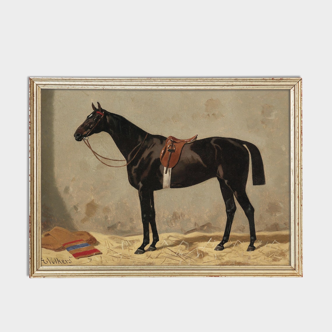 Vintage Saddled Dark Horse Equestrian Stable Painting Poster - Image 2