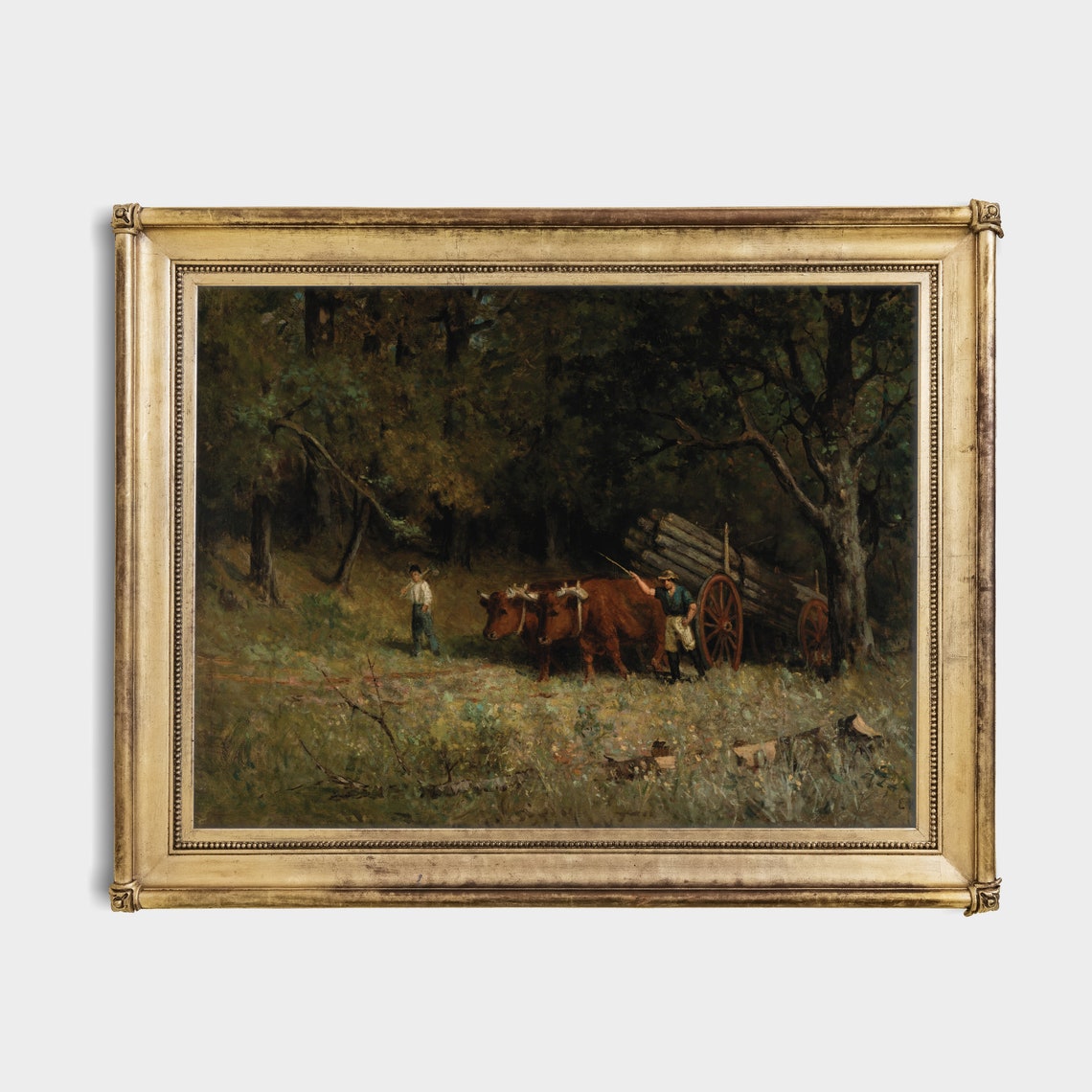 Men with Oxen Hauling Log Cart in Forest Rustic Painting Poster - Image 4
