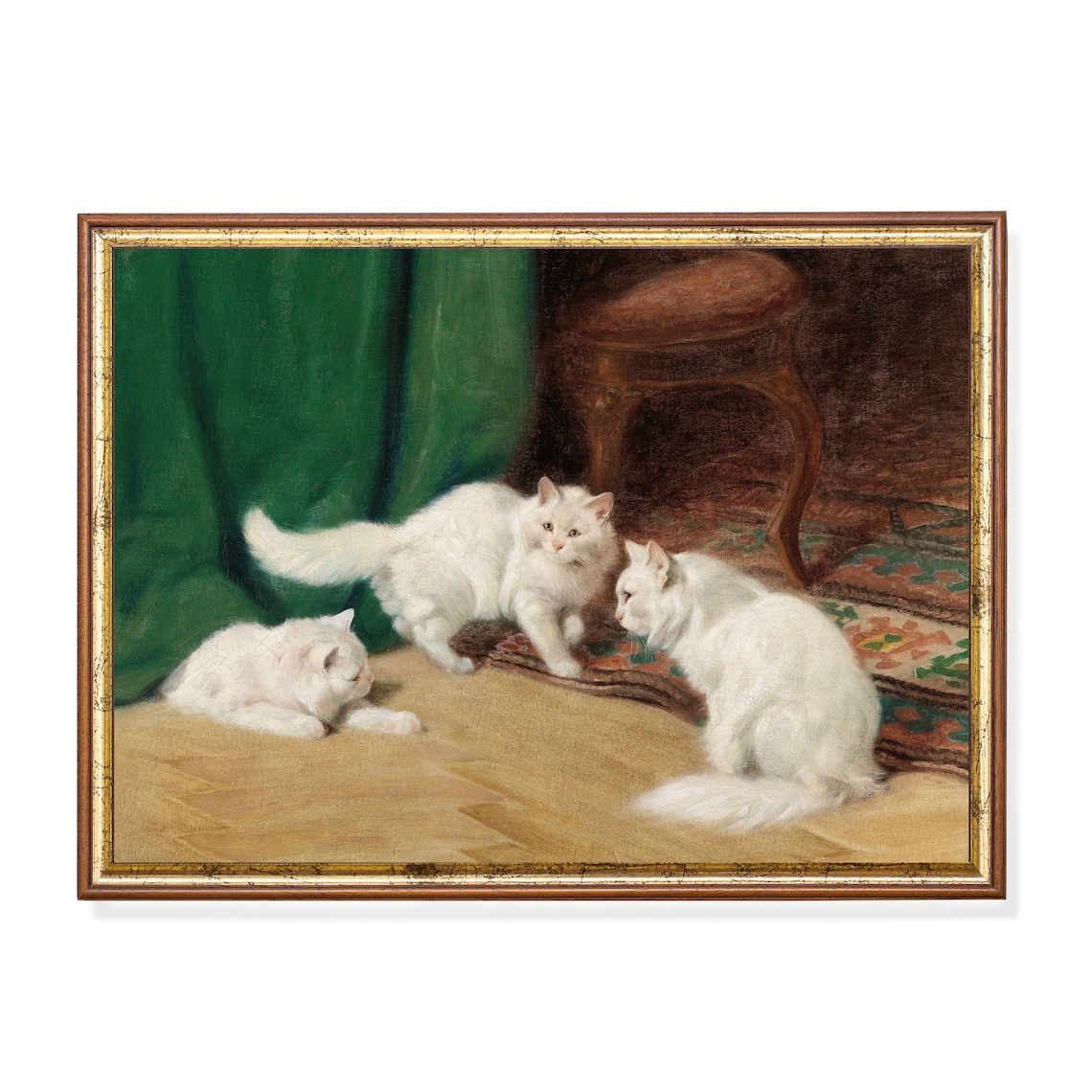 Three White Cats Playing By A Green Curtain Vintage Painting Poster