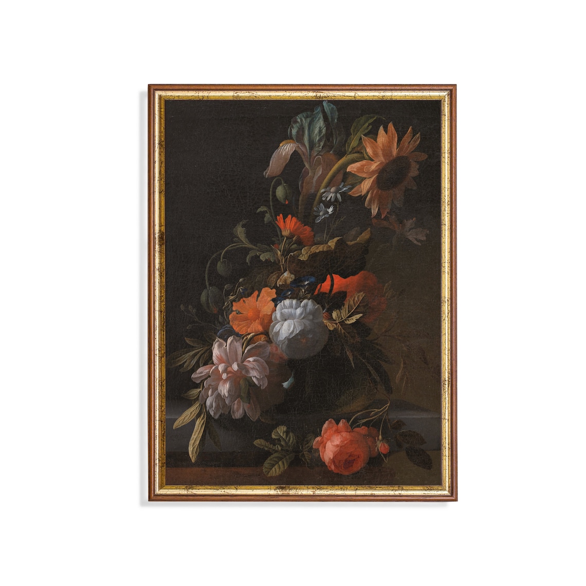 Dahlias and Sunflowers Moody Dark Floral Still Life Painting Poster