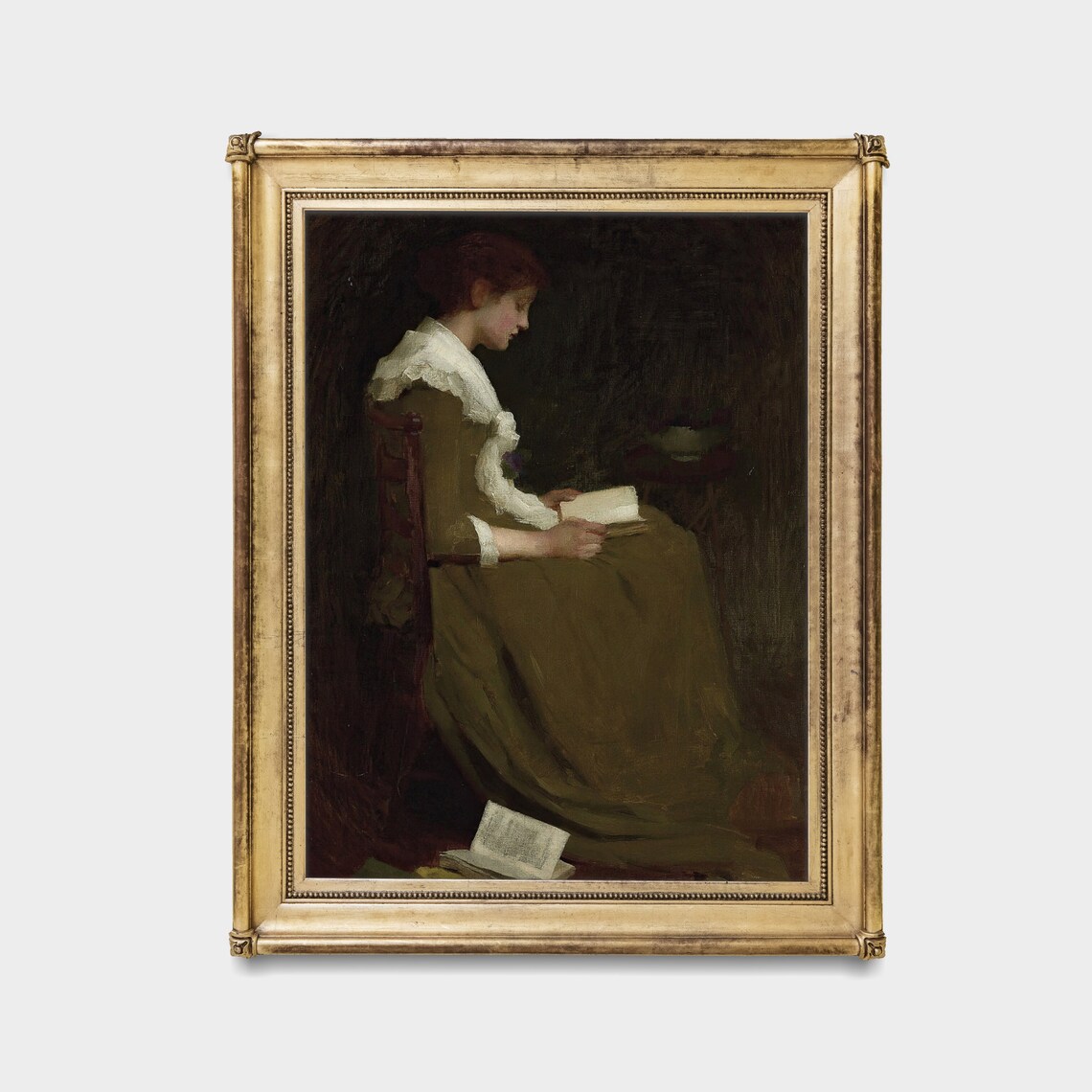 Woman in Green Dress Reading with Books Piled at Her Feet Poster - Image 4