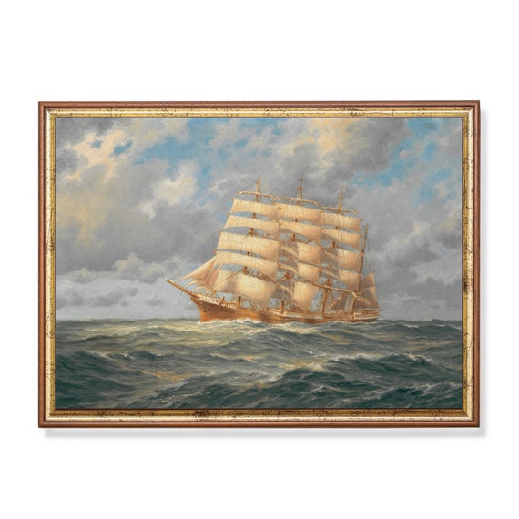 Print And Ship Vintage Sailing Ship Painting Antique Seascape Print Nautical Decor Ocean Beach Art Fine Art Mailed Print