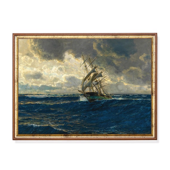 Printed And Shipped Sailboat Painting Moody Dark Rustic Antique Print Seascape Vintage Wall Art Nautical Decor Physical Print