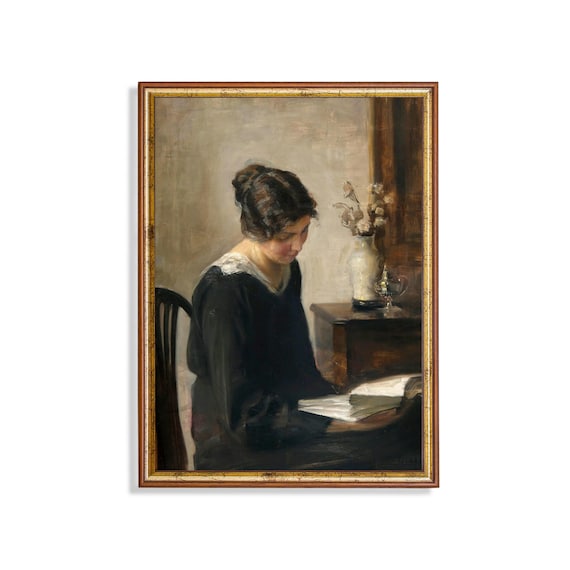 Woman Reading by a Window in a Danish Interior Vintage Oil Poster