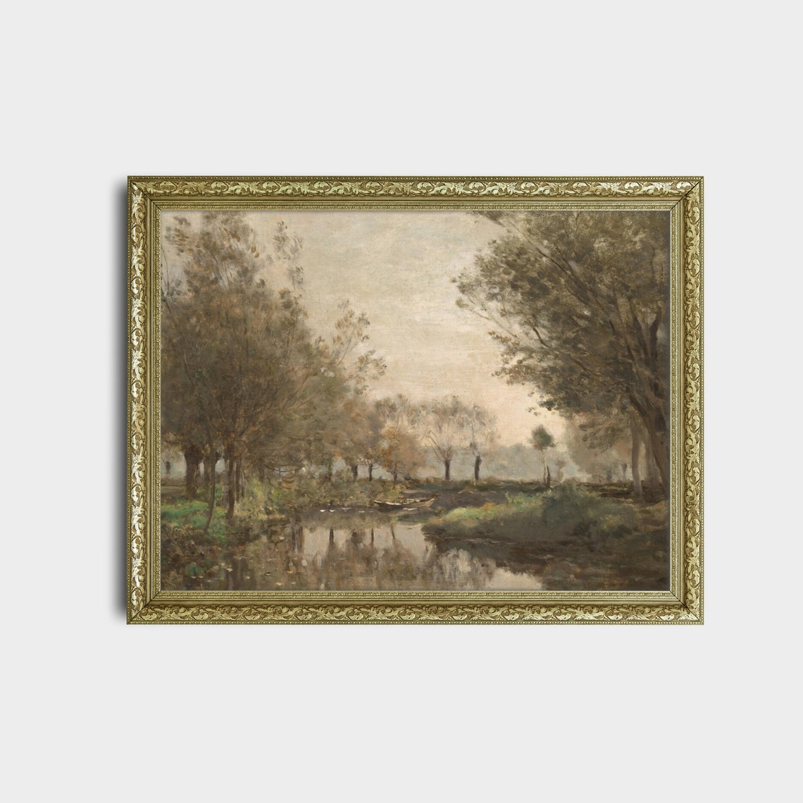 Tree-Lined River With a Small Wooden Boat Antique Landscape Poster - Image 2