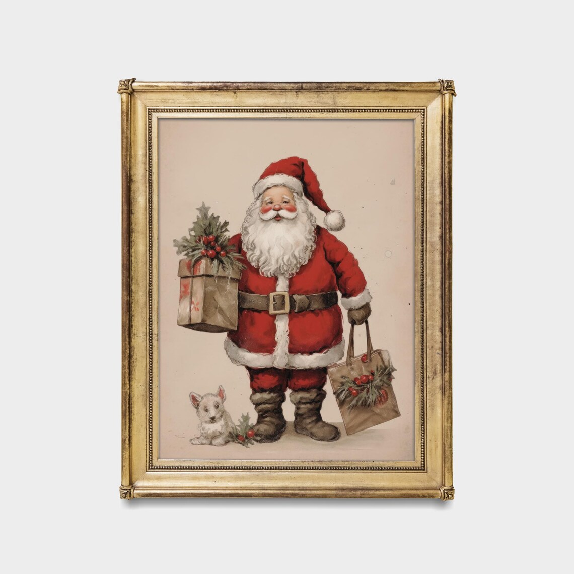 Vintage Santa Claus With Gift Bags And Puppy Christmas Poster - Image 5