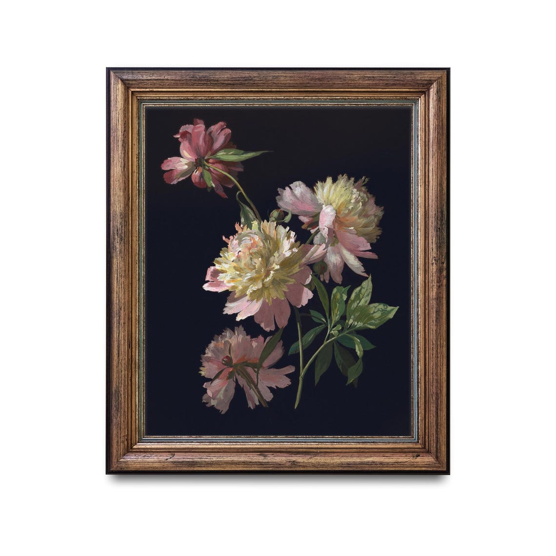 Dark Academia Peonies Still Life on a Black Background Art Poster - Image 2