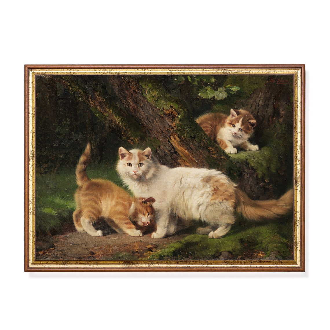 White Cat With Orange Kittens By Old Tree Vintage Cat Painting Poster