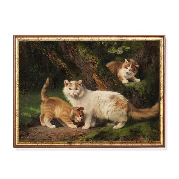 Printed And Shipped Vintage Cats Painting Antique Animal Print Cat And Kitten Moody Rustic Print Farmhouse Decor Physical Prints