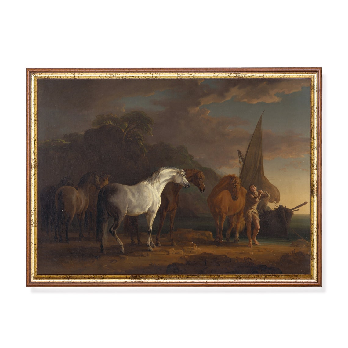 Horses Painting Art Dark Moody Rustic Oil Painting Print Wall Art Vintage Animal Antique Farmhouse Decor