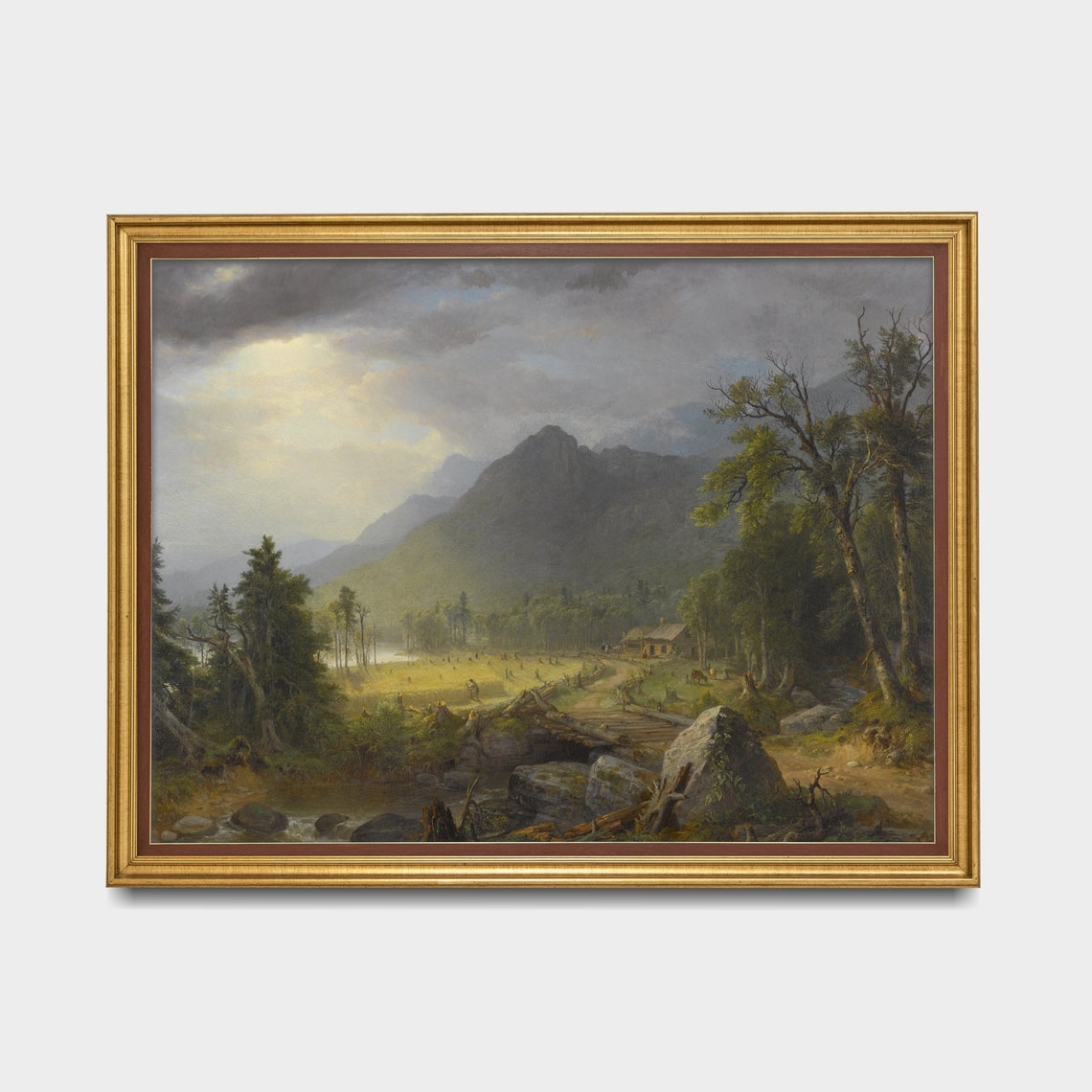Grand Mountain Valley with a Cabin and Stream at Dawn Poster - Image 3