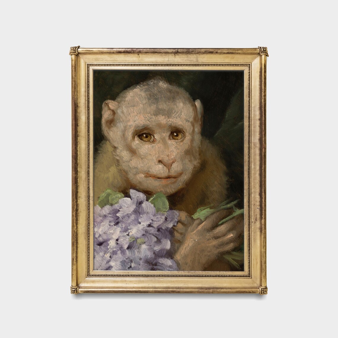 Monkey Holding Purple Flowers Close-Up Vintage Animal Art Poster - Image 5