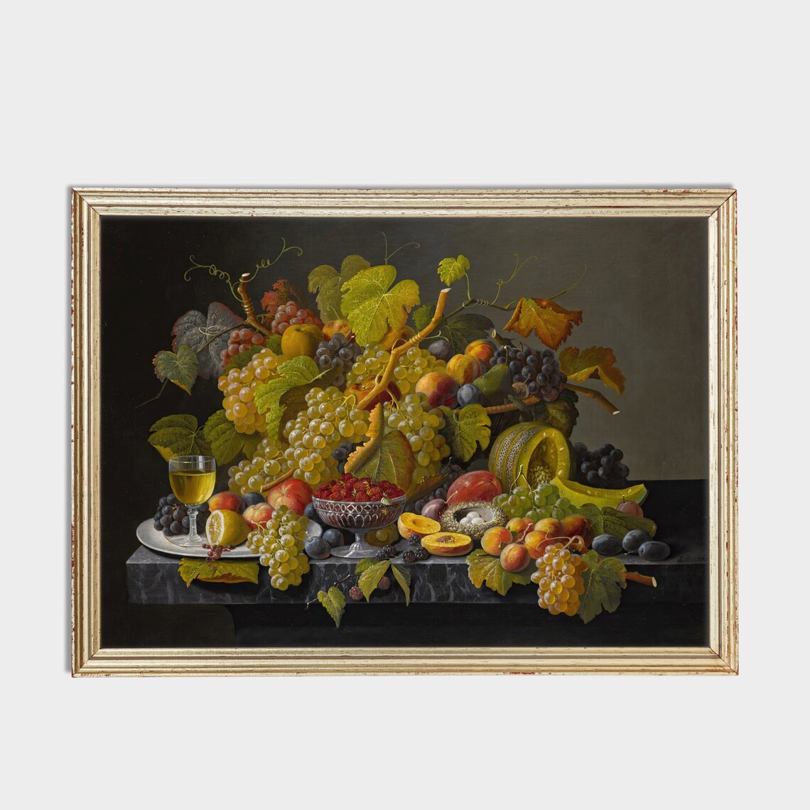 Overflowing Fruit Mound with Grapes and Melon Antique Still Life Poster - Image 3