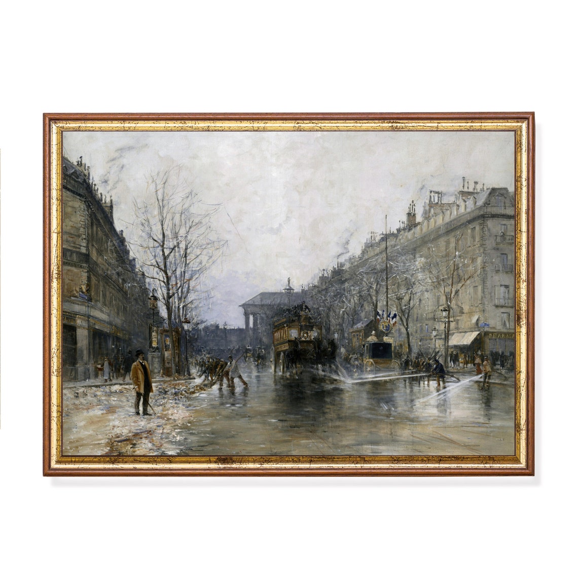 Rainy Paris Boulevard With a Horse-Drawn Omnibus Vintage Poster
