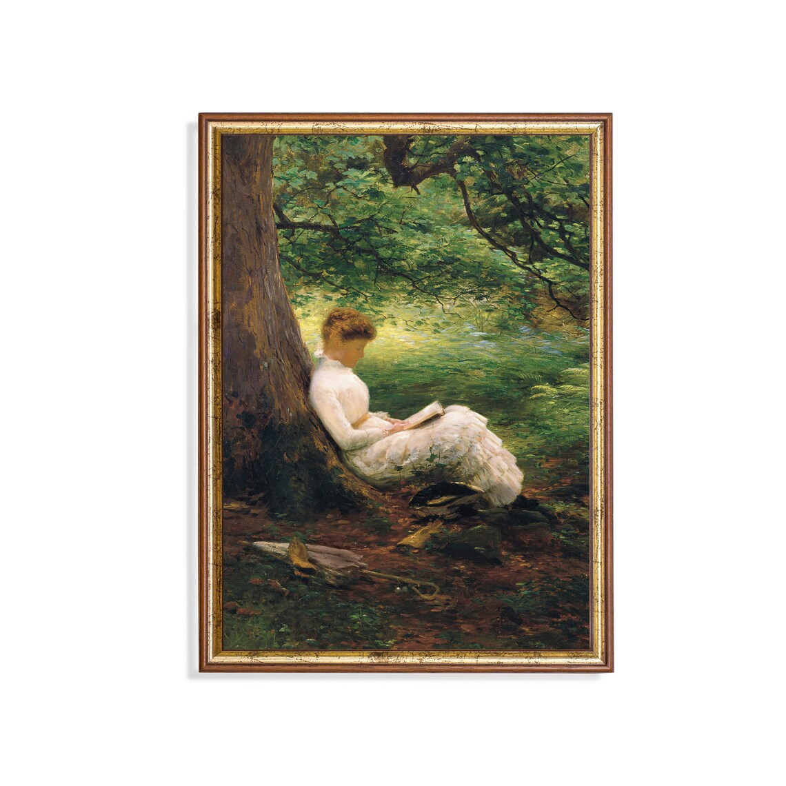 Woman Reading in a White Dress Under a Great Tree Woodland Poster