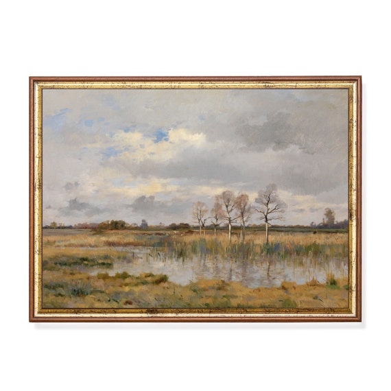 Print And Ship Vintage Landscape Painting Antique Country Landscape Rustic Marsh Print Mailed Art Moody Farmhouse Decor