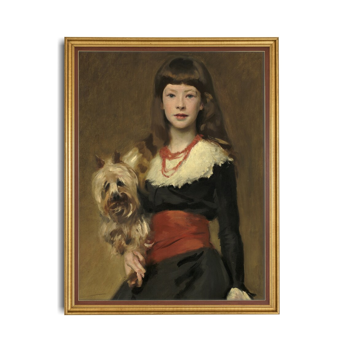 Young Girl Holding a Terrier Dog With a Coral Necklace Poster - Image 2