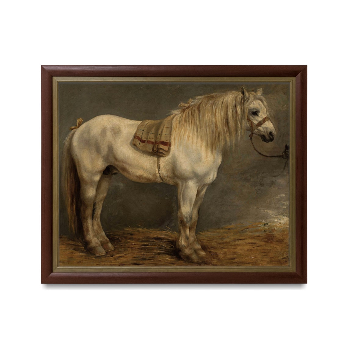 White Draft Horse in a Stable Vintage Equestrian Portrait Poster - Image 3