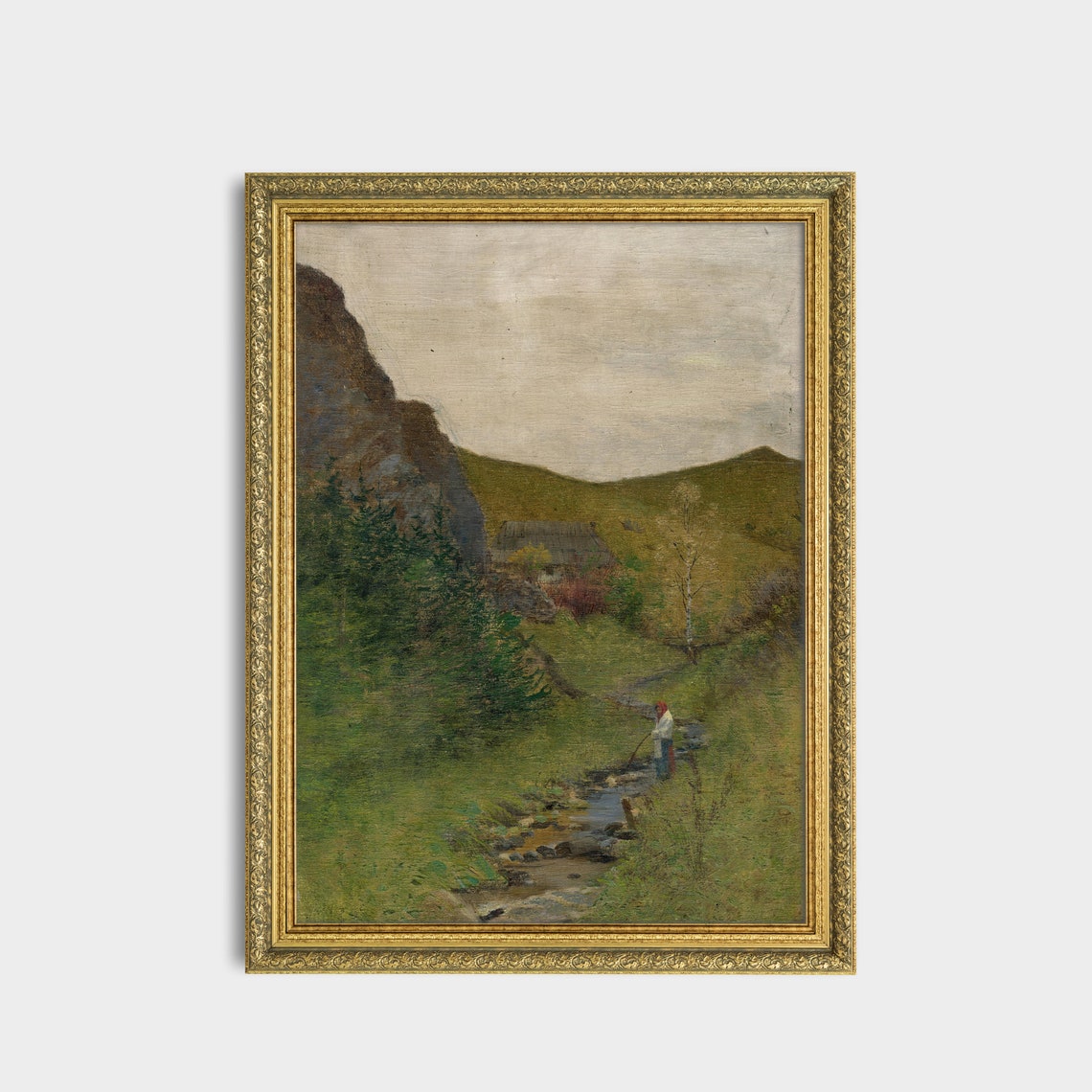 Green Mountain Valley with a Stream Antique Landscape Poster - Image 3