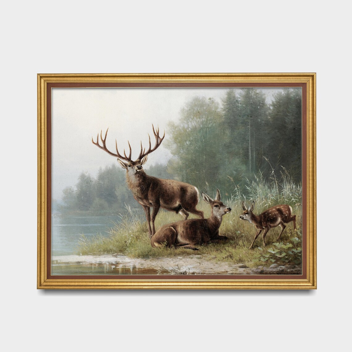 Stag Doe and Fawn at Misty Lake Vintage Deer Painting Poster - Image 3