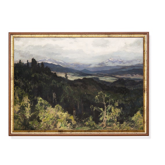 Vintage Landscape Painting Antique Mountain Art Print Moody Rustic Cabin Decor Wall Art Living Room Art