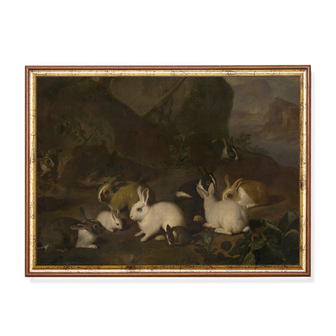 Rabbits Gathered in a Dark Woodland Clearing Moody Vintage Poster