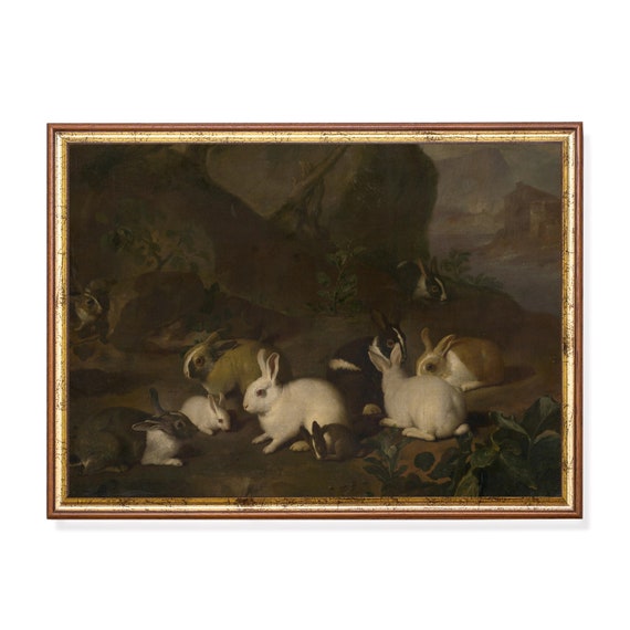 Printed And Shipped Vintage Rabbit Painting Antique Bunnies Print Rustic Moody Animal Art Farmhouse Decor Fine Art
