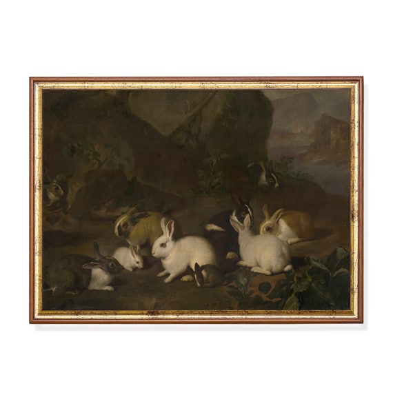 Rabbits Gathered in a Dark Woodland Clearing Moody Vintage Poster