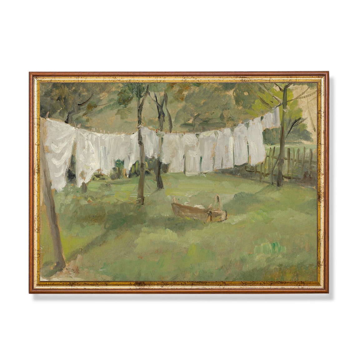 White Laundry Hanging on Lines in a Green Garden Vintage Poster