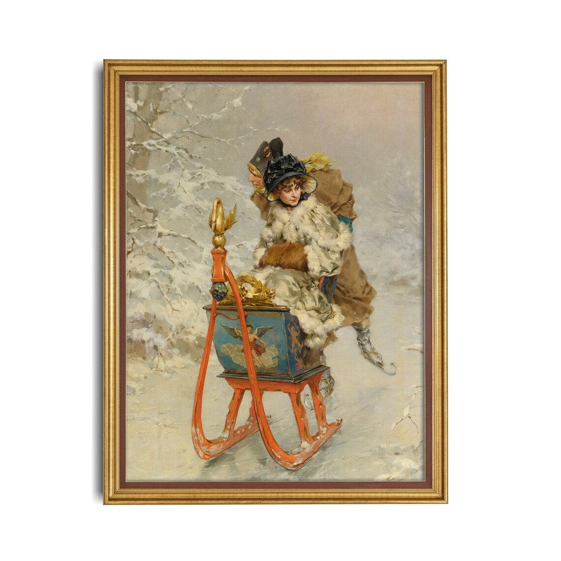 Girl on Ornate Red Sleigh Vintage Winter Scene Painting Poster - Image 2