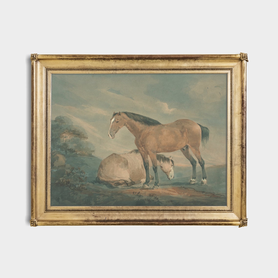 Two Horses Resting Together in a Soft Watercolor Field Poster - Image 4
