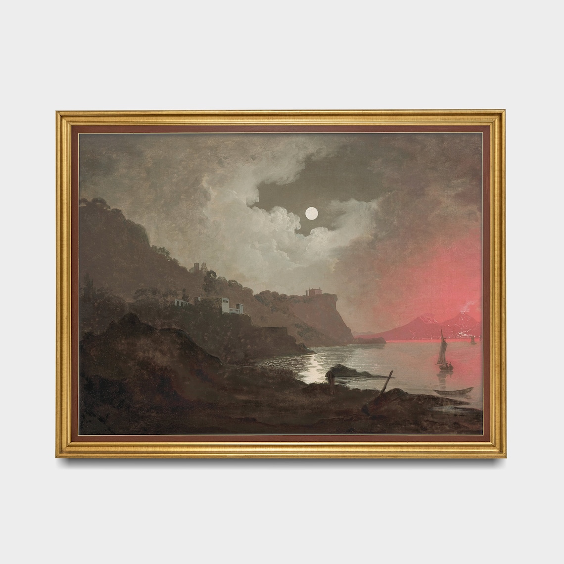 Moonlit Volcano Bay Night Seascape Vintage Moody Oil Painting Poster - Image 4