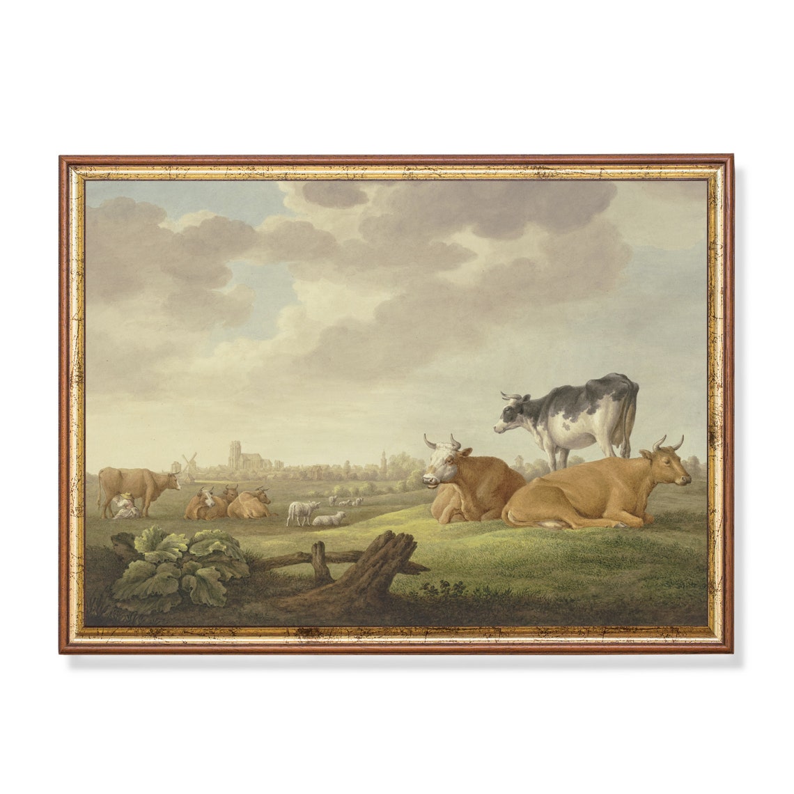 Cows and Sheep in Dutch Meadow Pastoral Herd Landscape Print