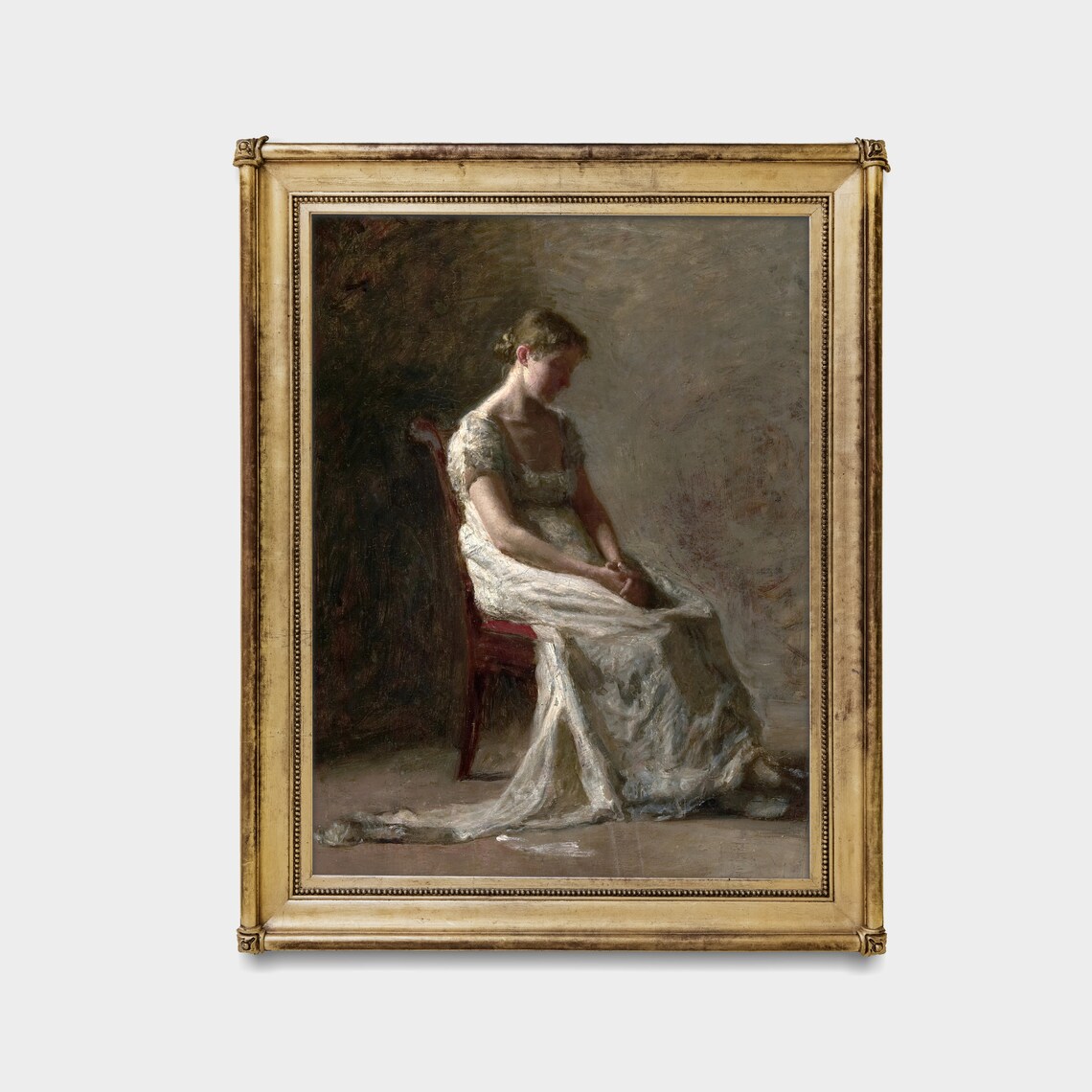 Seated Woman in White Daydreaming Antique Oil Portrait Poster - Image 3