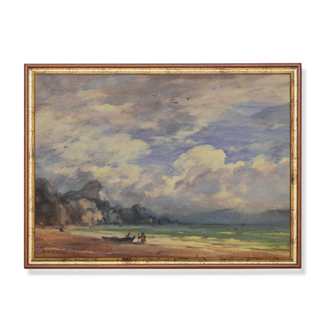 Impressionist Beach With Fishing Boat and Figures on Shore Poster