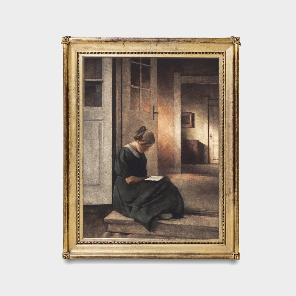 Woman Reading On Stairs Antique Interior Portrait Warm Light Poster - Image 4