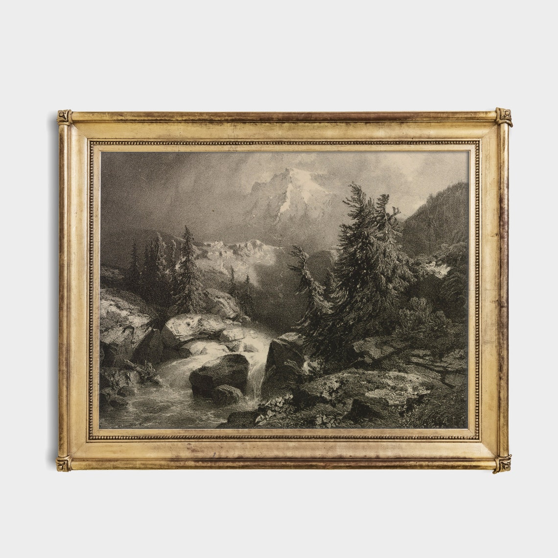 Sepia Mountain Waterfall Pines Antique Engraving Landscape Poster - Image 3