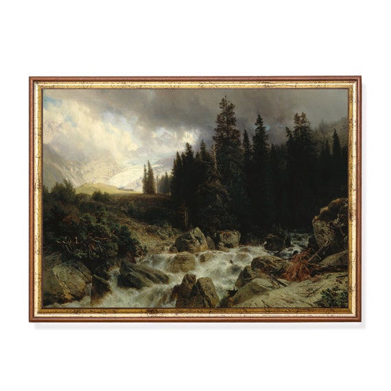 Printed And Shipped Vintage Landscape Painting Antique Mountain Art Print Moody Rustic Cabin Decor Living Room Art Mailed Print