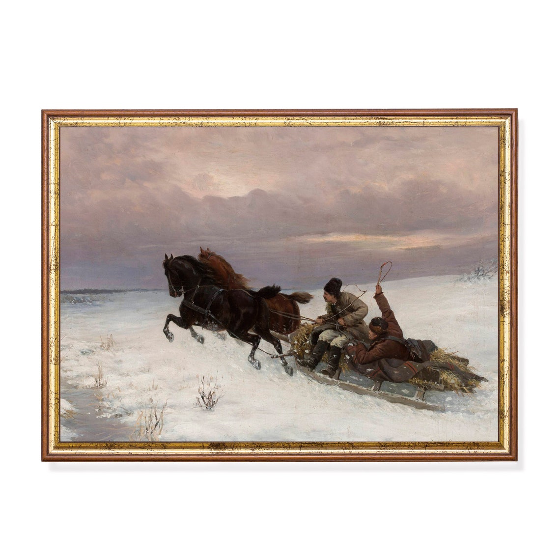 Two Galloping Horses Pulling A Sled Across Snowy Plains Vintage Poster
