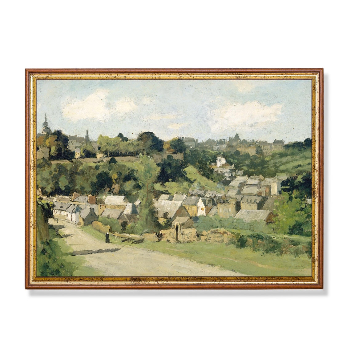 Old European Village on a Hillside Vintage Town Painting Poster