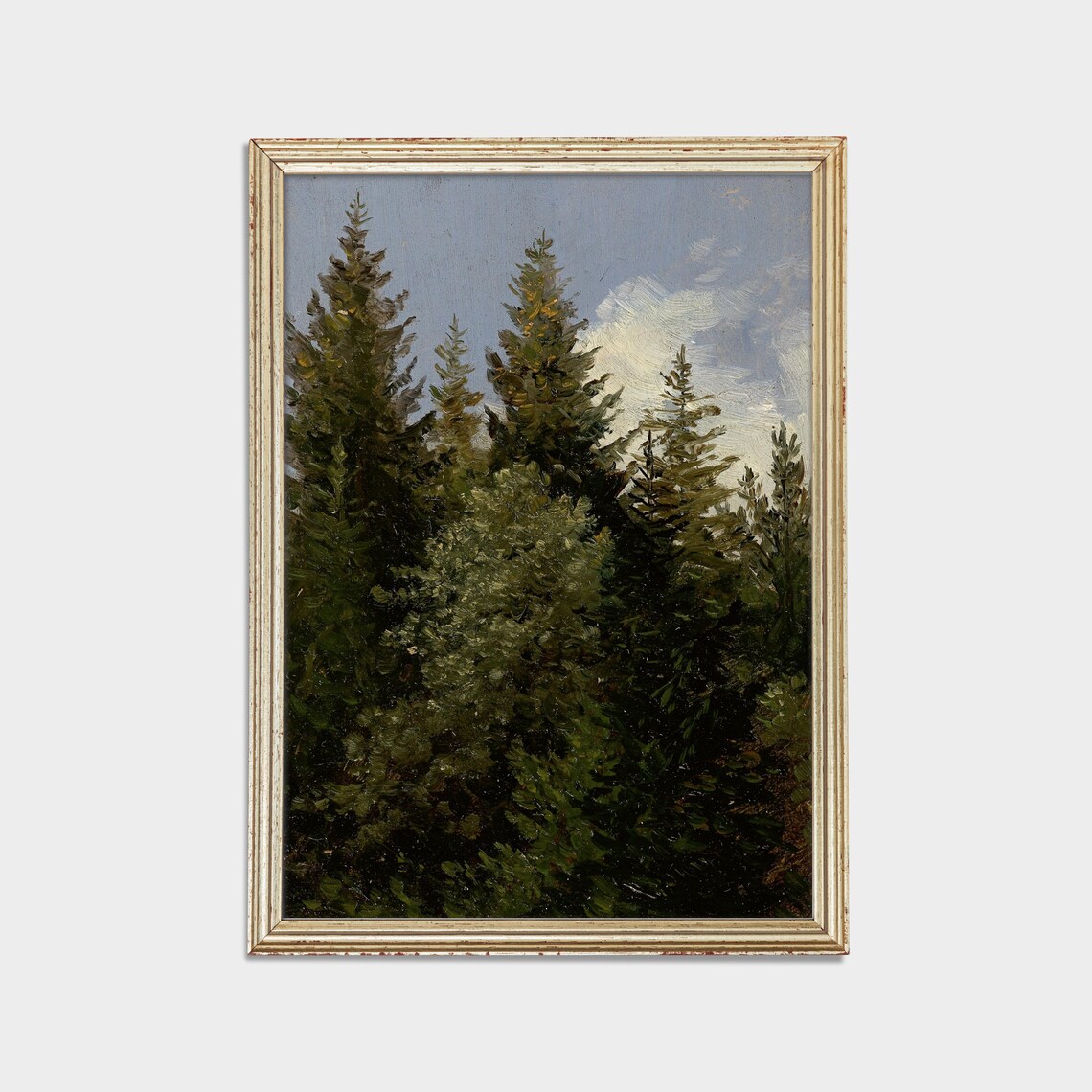 Vintage Oil Study of Tall Pine Treetops Against a Cloudy Sky Poster - Image 3