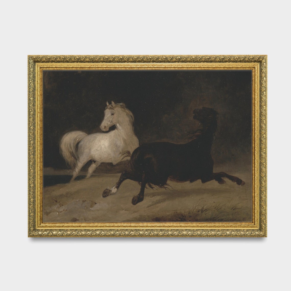 White and Black Horses Galloping at Night Moody Painting Poster - Image 3