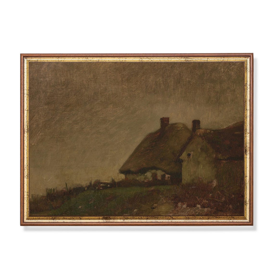 Atmospheric Thatched Cottages at Dusk Moody Rustic Countryside Poster