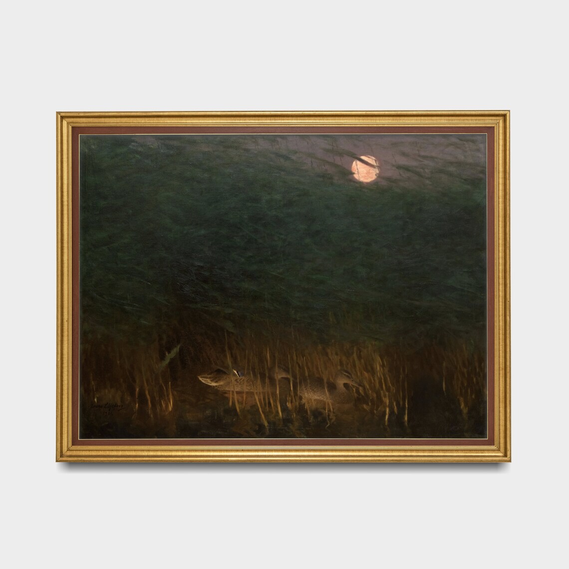 Wild Ducks Among Moonlit Reeds on a Dark Lake Vintage Painting Poster - Image 5
