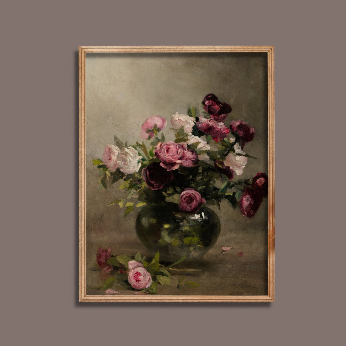 Pink and Burgundy Roses in a Dark Vase Moody Oil Painting Poster - Image 3