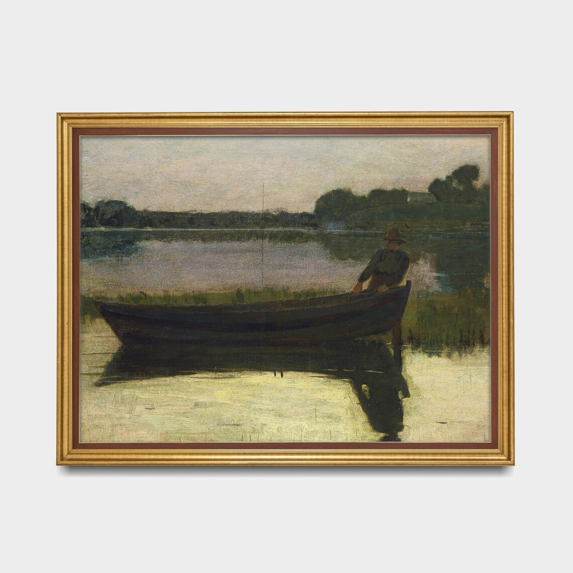 Lone Fisherman In A Rowboat On A Calm Lake Vintage Art Poster - Image 5